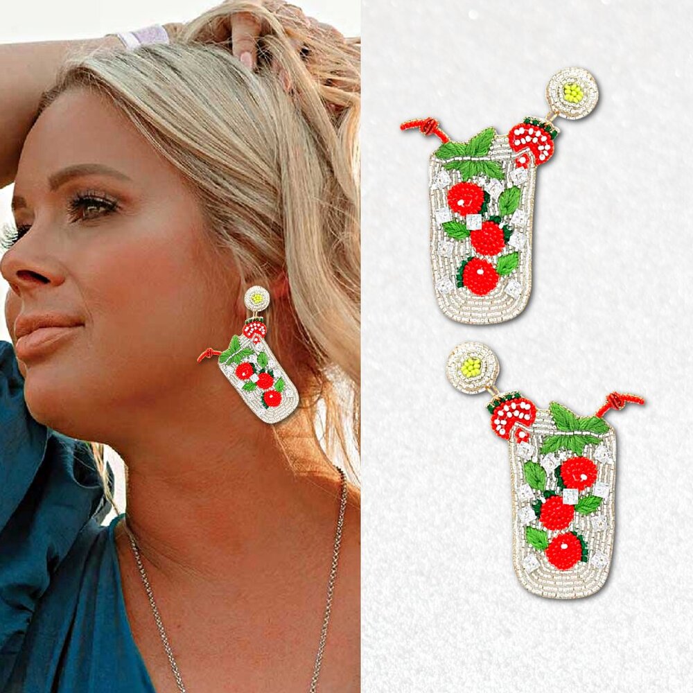 Strawberry Bellini Cocktail Bead Embroidered Summer Drink Statement Earrings NEW